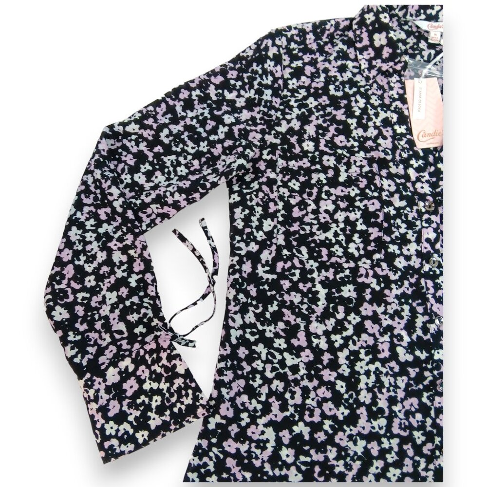CANDIE'S-Women's Floral Button down-Top-MEDIUM-Black-White-Purple-Work-Casual - Picture 7 of 16